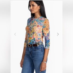 Johnny Was Nathalie 3/4 Mesh Tee Size XS Gorgeous Floral Print